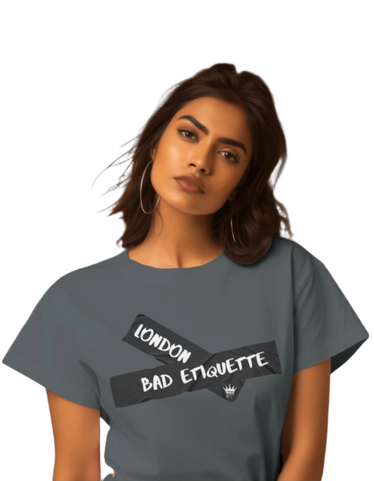 BADETI London Women's T-shirt  Women's Tee  Bad Etiquette London Women's T-shirts  London Streetwear for Women  2tape Tee  Taped T-shirt  Black Taped Tee  Iconic Taped T-shirt  Badeti London  Badeti London T-shirt  Bad Etiquette London Streetwear  Bad Etiquette London Clothing Brand  Unisex