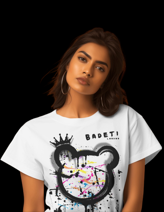 BADETI London | Bad Etiquette London Unisex Women's T-shirt  Bad Etiquette London Streetwear  Badeti London BADETI Bear White T-shirt  Paint Slatter Tee Bad Etiquette London Streetwear Clothing Brand