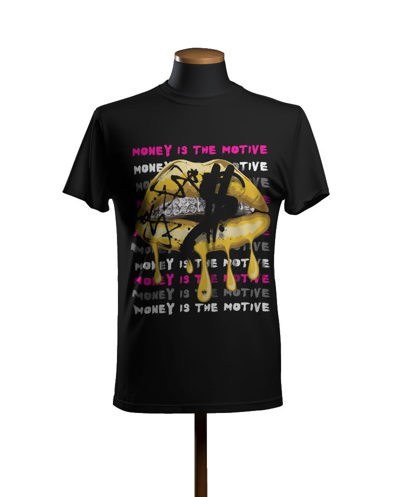 Bad Etiquette London | Money is the Motive Black T-shirt Women's Tee  Women's T-shirt  Women's Clothing  T-shirts  Men's Tee  Men's T-shirt  Men's Clothing Money is the Motive T-shirt  Hustle apparel Clothing Brand BADETI London  Iconic design  dripping lips  Bold T-shirts Designer Streetwear