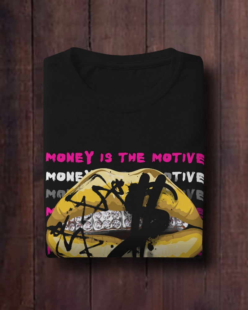 Bad Etiquette London | Money is the Motive Black T-shirt Women's Tee Women's T-shirt Women's Clothing T-shirts Men's Tee Men's T-shirt Men's Clothing Money is the Motive T-shirt Hustle apparel Clothing Brand BADETI London Iconic design dripping lips Bold T-shirts Designer Streetwear