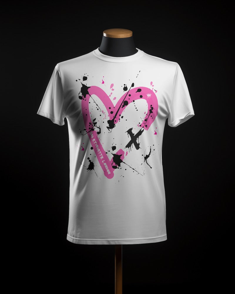 Bad Etiquette London | Heart Splatter Paint Flick Tee men's tee Men's T-shirt Bad Etiquette London Streetwear Heart T-Shirt Heart splatter T-shirt Best Valentine's gift for men Urban Fashion Heart Tee London Streetwear Designer Heart T-Shirt Badeti London T-shirt