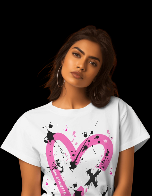 Women's Tee  Women's T-shirt  Urban Fashion Heart Tee  Unisex  Streetwear Heart T-Shirt  Paint Splatter T-shirt  London Streetwear for Women  Heart splatter T-shirt  Designer Heart T-Shirt  Badeti London T-shirt  Bad Etiquette London Women's T-shirts  Bad Etiquette London Streetwear  Bad Etiquette London Clothing Brand